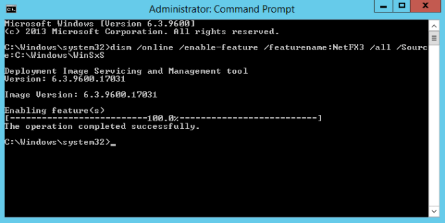 Figure 2. Installing .Net Framework 3.5 in an elevated command prompt